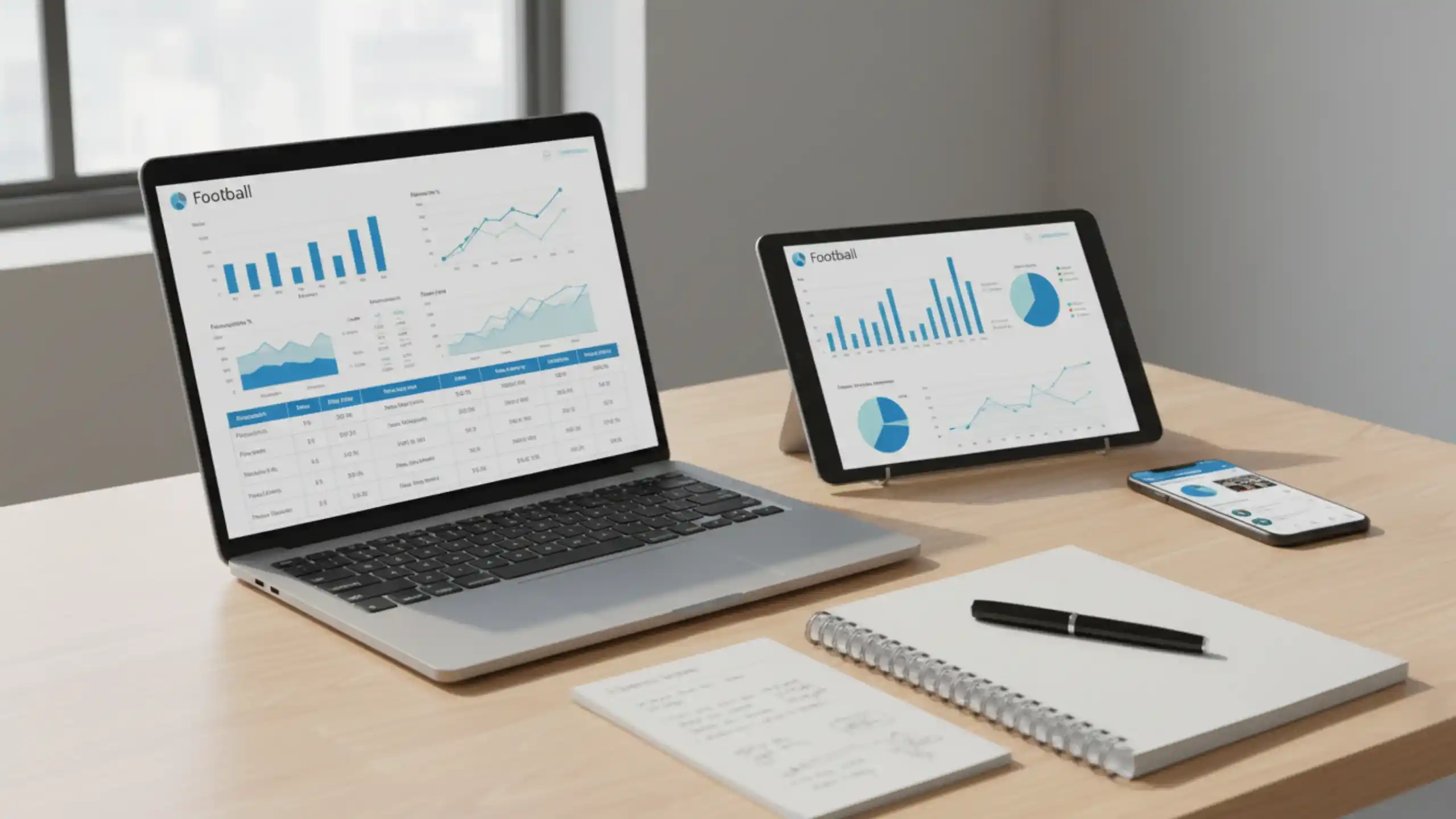 Computer med statistiksider og analyseværktøjer til kvindefodbold